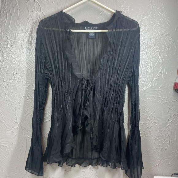 Dialogue Womens Black Crinkle Tie Front Ruffle Pintuck Blouse Womens Plus Sz 1X - Picture 1 of 4